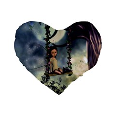 Cute Little Fairy With Kitten On A Swing Standard 16  Premium Heart Shape Cushions by FantasyWorld7