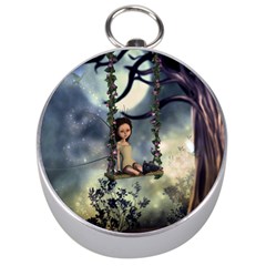 Cute Little Fairy With Kitten On A Swing Silver Compasses by FantasyWorld7