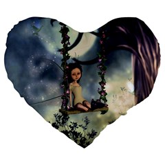 Cute Little Fairy With Kitten On A Swing Large 19  Premium Flano Heart Shape Cushions by FantasyWorld7