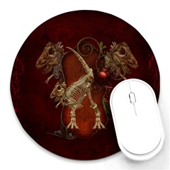 Awesome T Rex Skeleton, Vintage Background Round Mousepads by FantasyWorld7