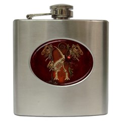 Awesome T Rex Skeleton, Vintage Background Hip Flask (6 Oz) by FantasyWorld7