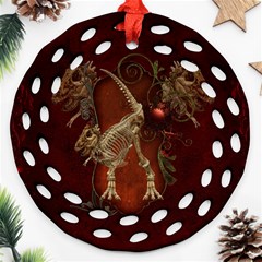 Awesome T Rex Skeleton, Vintage Background Round Filigree Ornament (two Sides) by FantasyWorld7