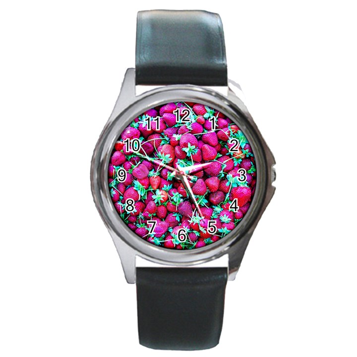 Pile Of Red Strawberries Round Metal Watch