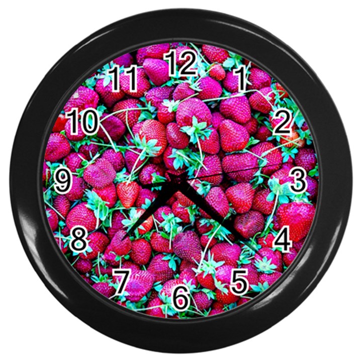 Pile Of Red Strawberries Wall Clock (Black)