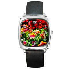 Colorful Tulips On A Sunny Day Square Metal Watch by FunnyCow