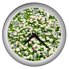 Green Field Of White Daisy Flowers Wall Clock (silver) by FunnyCow