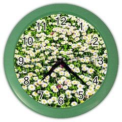 Green Field Of White Daisy Flowers Color Wall Clock by FunnyCow