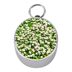 Green Field Of White Daisy Flowers Mini Silver Compasses by FunnyCow