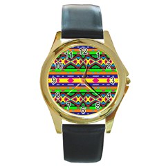 Distorted Colorful Shapes And Stripes                                         Round Gold Metal Watch by LalyLauraFLM