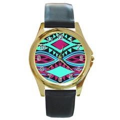 Ovals And Rhombus                                          Round Gold Metal Watch by LalyLauraFLM