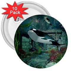 Wonderful Orca In Deep Underwater World 3  Buttons (10 Pack)  by FantasyWorld7