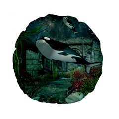 Wonderful Orca In Deep Underwater World Standard 15  Premium Round Cushions by FantasyWorld7