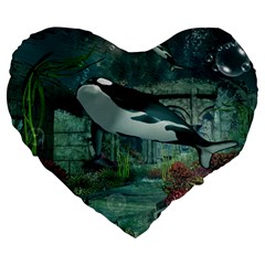 Wonderful Orca In Deep Underwater World Large 19  Premium Flano Heart Shape Cushions by FantasyWorld7