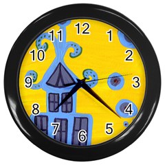 Blue House Wall Clock (black) by snowwhitegirl