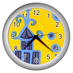 Blue House Wall Clock (Silver)