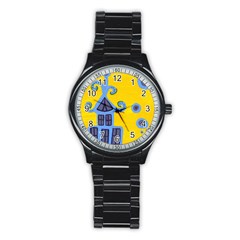 Blue House Stainless Steel Round Watch