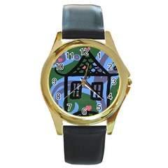 Smiling House Round Gold Metal Watch by snowwhitegirl