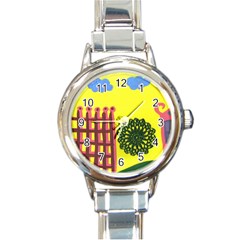 Pink House And Fence Round Italian Charm Watch by snowwhitegirl