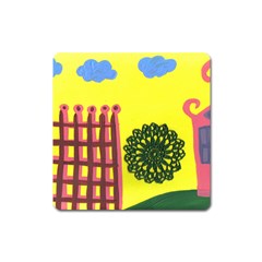 Pink House And Fence Square Magnet by snowwhitegirl