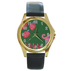 Floating Strawberries Round Gold Metal Watch