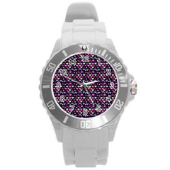 Hearts Butterflies Blue Pink Round Plastic Sport Watch (l)