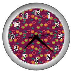 Heart Cherries Magenta Wall Clock (Silver)