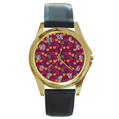 Heart Cherries Magenta Round Gold Metal Watch