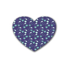 Heart Cherries Blue Rubber Coaster (heart)  by snowwhitegirl