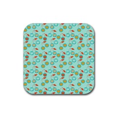 Light Teal Heart Cherries Rubber Coaster (square)  by snowwhitegirl