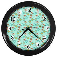 Light Teal Heart Cherries Wall Clock (black) by snowwhitegirl