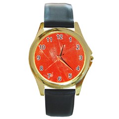 Grunge Red Tarpaulin Texture Round Gold Metal Watch by FunnyCow