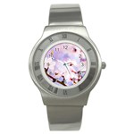 Pink Sakura Purple Background Stainless Steel Watch Front