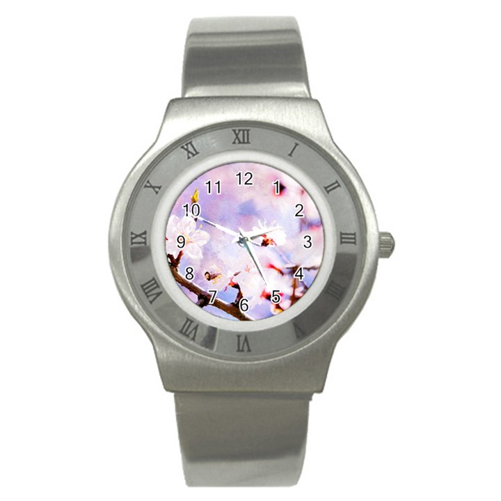 Pink Sakura Purple Background Stainless Steel Watch