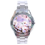 Pink Sakura Purple Background Stainless Steel Analogue Watch Front