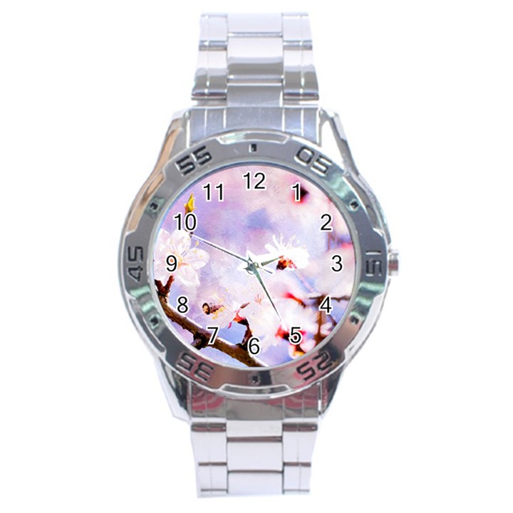 Pink Sakura Purple Background Stainless Steel Analogue Watch