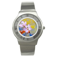 Sakura Flowers On Yellow Stainless Steel Watch by FunnyCow