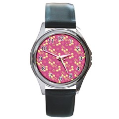 Yellow Pink Cherries Round Metal Watch