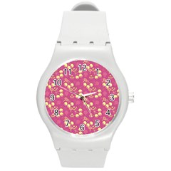 Yellow Pink Cherries Round Plastic Sport Watch (m) by snowwhitegirl