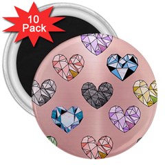 Gem Hearts And Rose Gold 3  Magnets (10 Pack) 