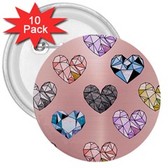 Gem Hearts And Rose Gold 3  Buttons (10 Pack)  by NouveauDesign