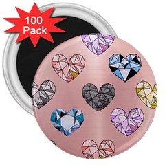 Gem Hearts And Rose Gold 3  Magnets (100 Pack) by NouveauDesign