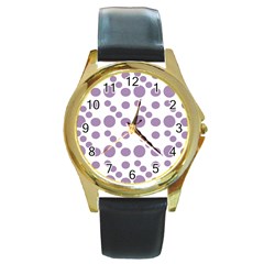 Violet Dots Round Gold Metal Watch by snowwhitegirl