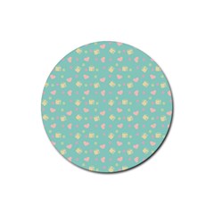 Teal Milk Hearts Rubber Coaster (Round) 