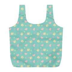 Teal Milk Hearts Full Print Recycle Bags (L) 