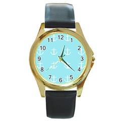 Aqua Anchor Round Gold Metal Watch by snowwhitegirl