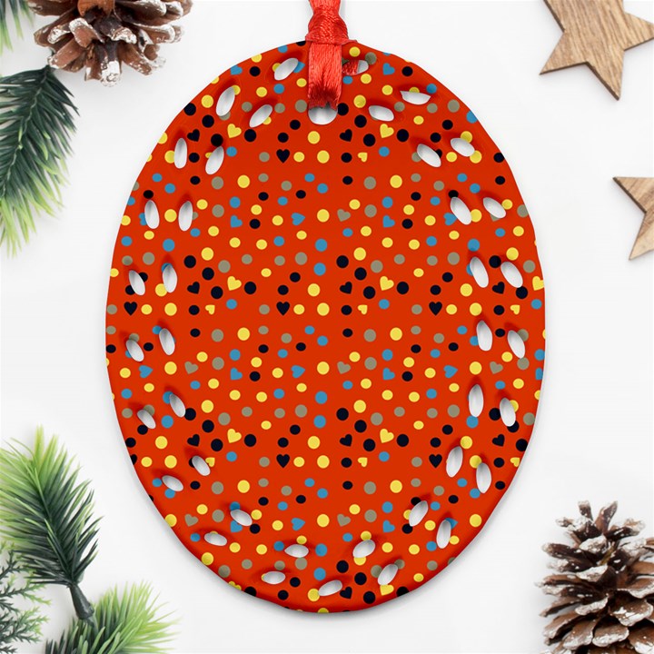 Red Retro Dots Ornament (Oval Filigree)