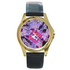 Purple Retro Pop Round Gold Metal Watch by snowwhitegirl