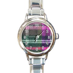 Pink Plaid Flannel Round Italian Charm Watch by snowwhitegirl