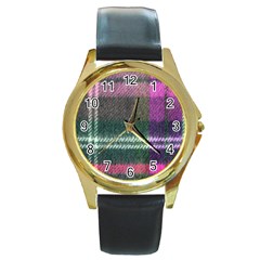 Pink Plaid Flannel Round Gold Metal Watch by snowwhitegirl