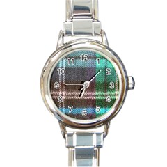 Blue Plaid Flannel Round Italian Charm Watch by snowwhitegirl